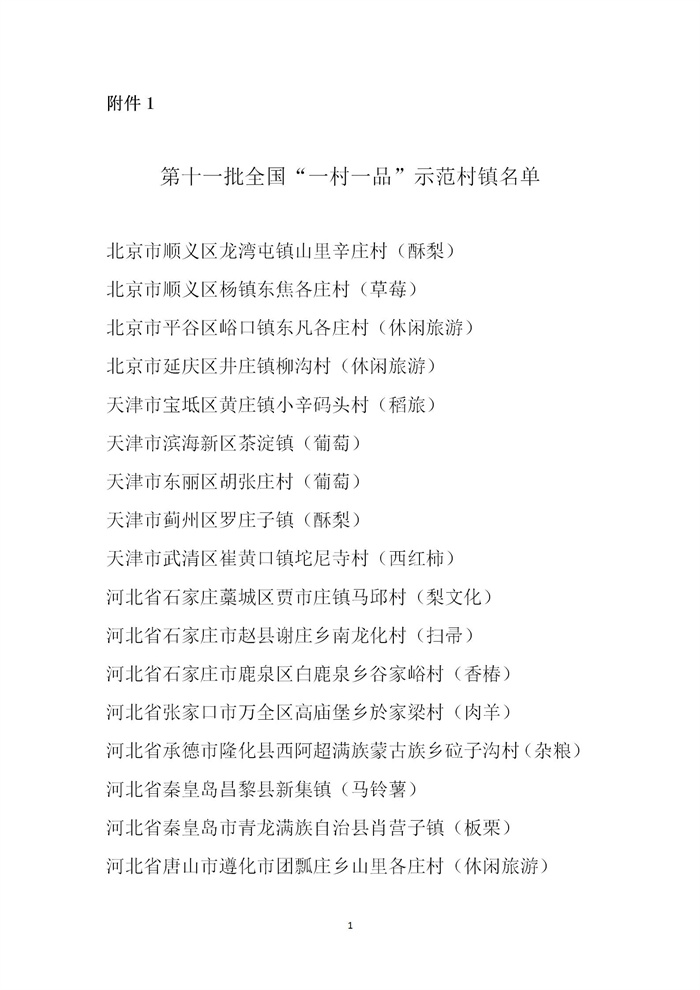 【名單公示】第十一批全國(guó)“一村一品”示范村鎮(zhèn)名單公示(圖1)